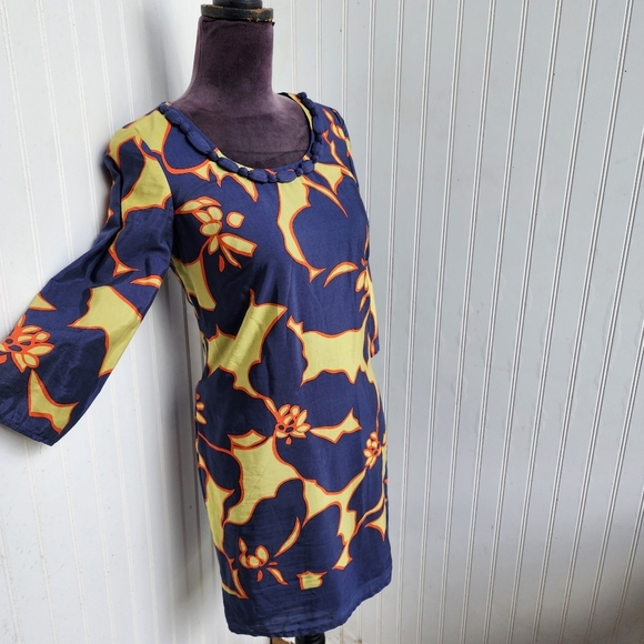 Ann Taylor LOFT Floral Knee Length Dress Navy Blue Green Orange 3/4 Sleeve 0P - Picture 4 of 14